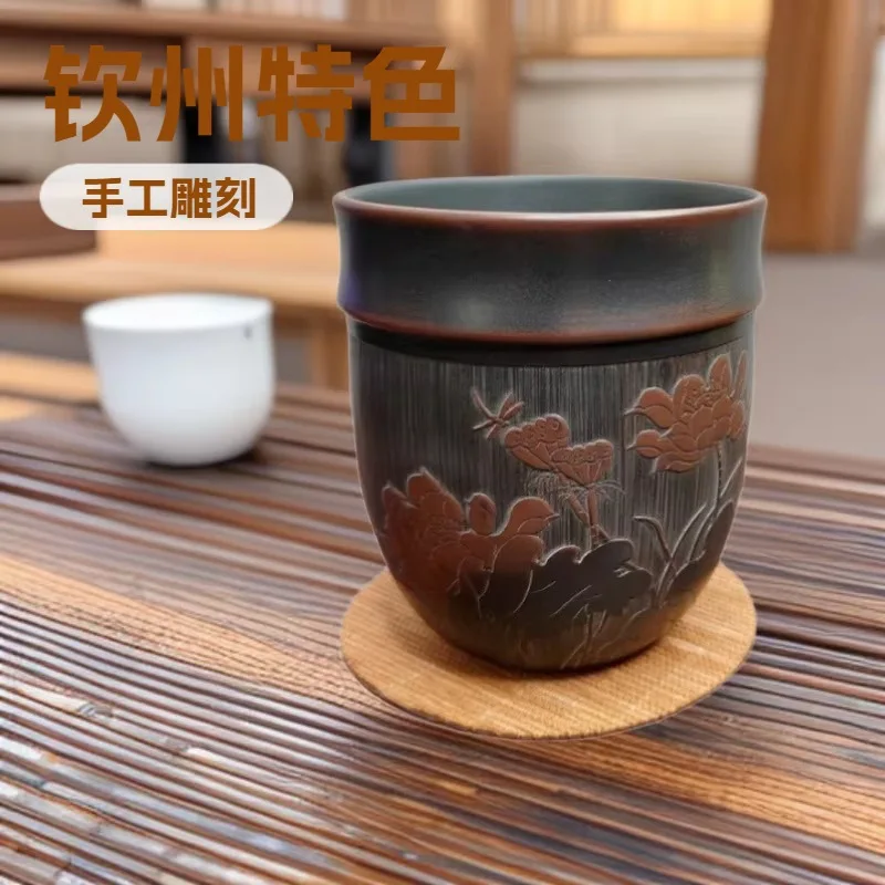 pottery teacup raw ore nickel material handmade engraved lotus thickened anti-scalding large-capacity drinking water tea set