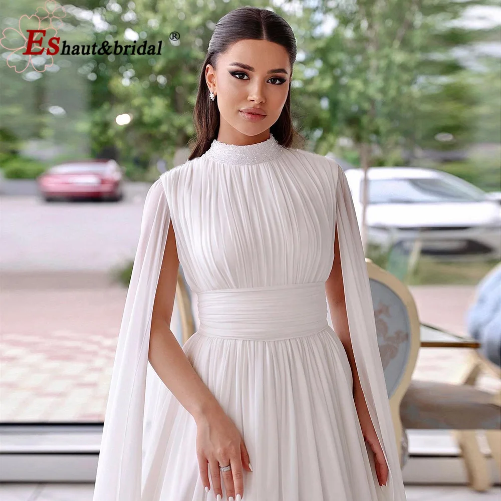 Elegant Muslim Evening Dress for Women 2024 High Neck Chiffon Crystal Cape Sleeves Formal Prom Wedding Party Gown Customized