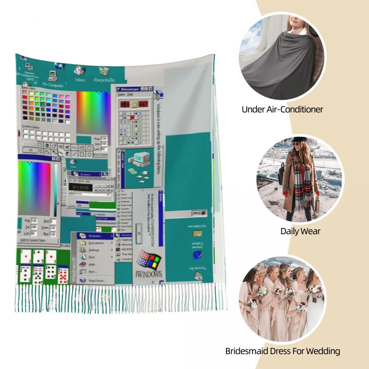 ويندوز 95 وشاح الكولاج شرابة الأوشحة للنساء شالات دافئة ناعمة ويلتف كبير الخريف الشتاء شال التفاف