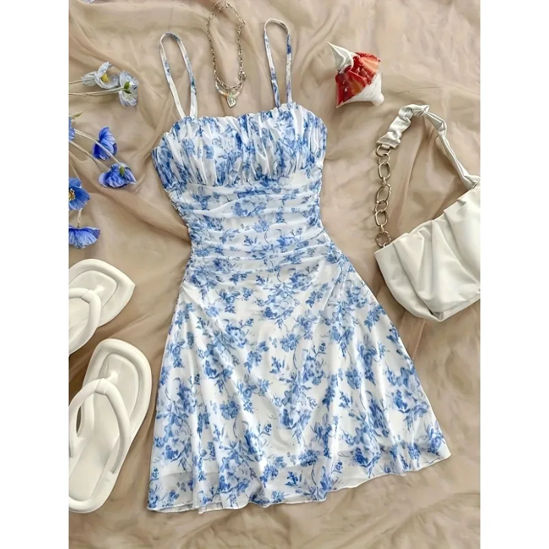 Vestidos Primavera Verano lindo citas Ditsy Floral sin mangas cuello cuadrado Mini Cami vestidos casuales para mujeres