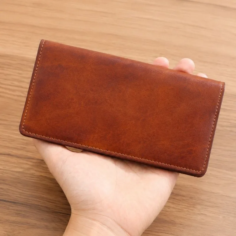 New Genuine Leather Men Wallets Vegetable Tanning Cowhide Male Vintage Handmade Long Slim Thin Wallet Card Holder Billfold Purse