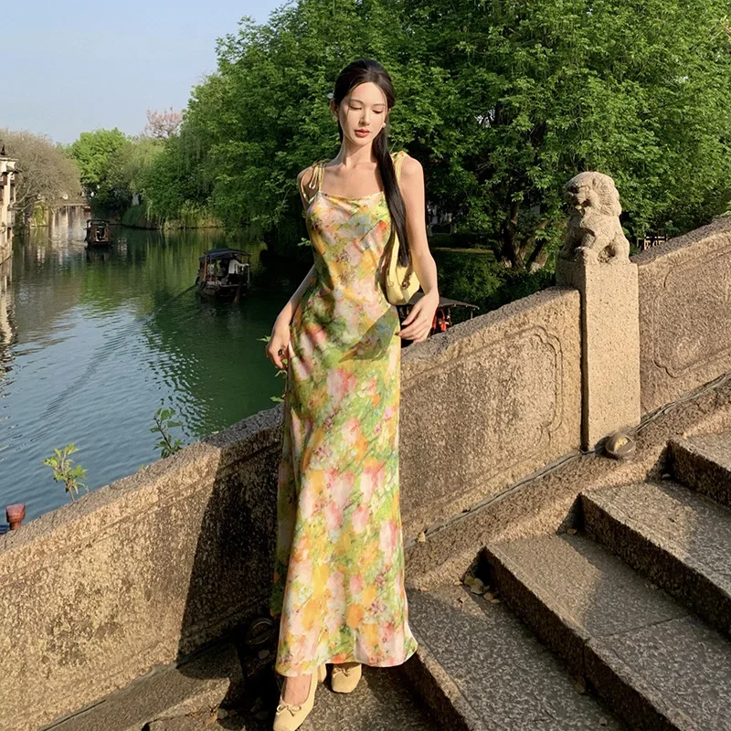 

Vintage Oil Painting Print Vacation Lace-up Spaghetti Strap Long Dress Summer Elegant Sexy Club Party Evening Dress Y2k