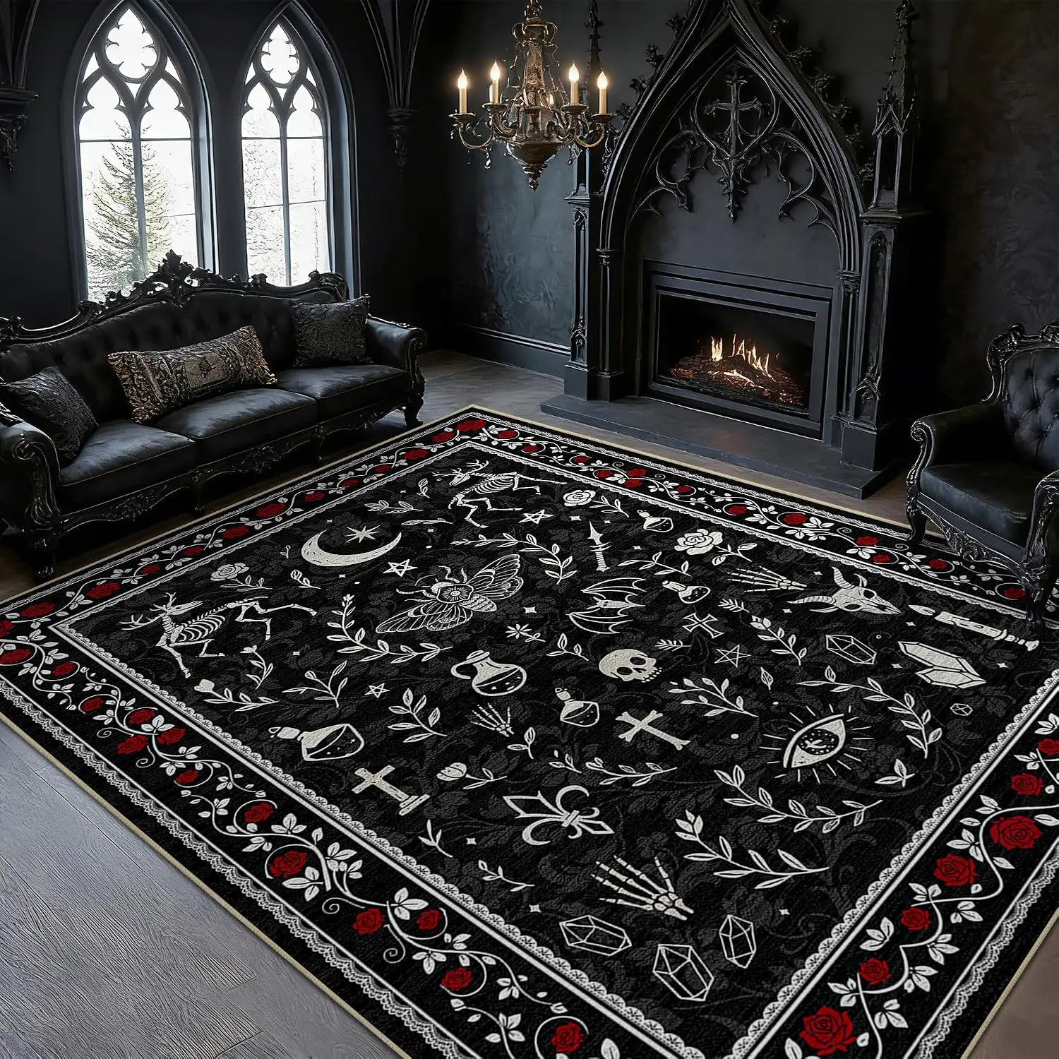 5x7 Large Gothic Dark Academia Area Rug Machine Washable Non Slip Low Pile Victorian Witchy Carpet Floor Mat for Living Room Din
