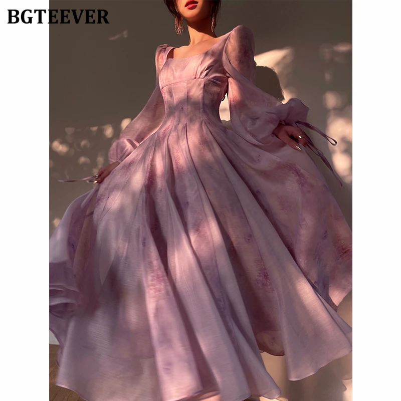 

BGTEEVER Vintage Square Collar Lace-up Women Floral Printed Dress Summer Elegant Long Sleeve Slim Waist Ladies A-line Midi Dress