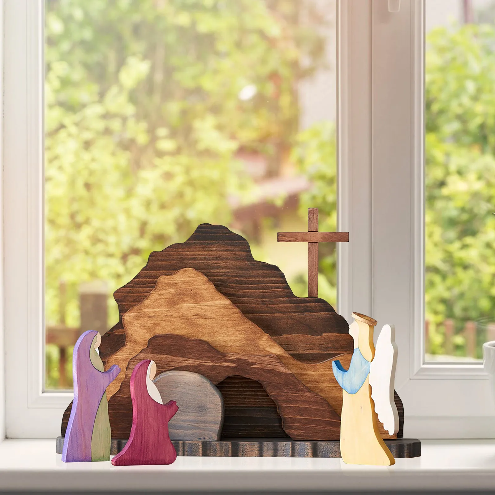 Wooden Empty Tomb Easter Scene Decoration Easy To Install Portable Cross Jesus Tomb Tray Set Reusable Cross Empty Tomb Statue