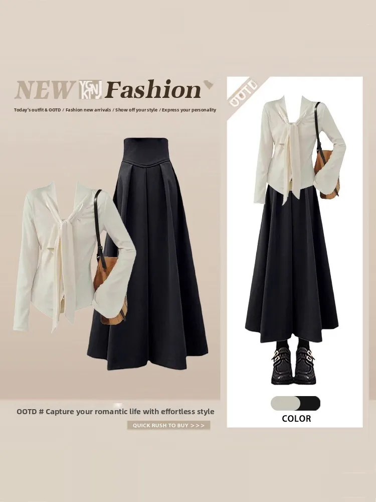 

Korean Style Tie Waist Short Crop Top High Waist Skirt Two Piece Set Spring Fashion plus Size Clothing Slimming Skirt