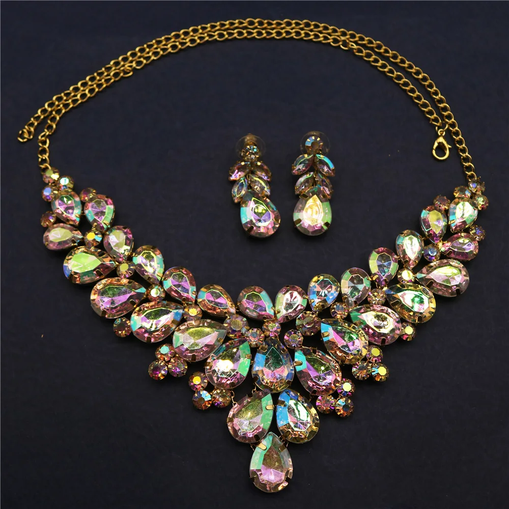 Bridal jewelry European and American rhinestones teardroplet necklace earring set wedding jewelry accessories