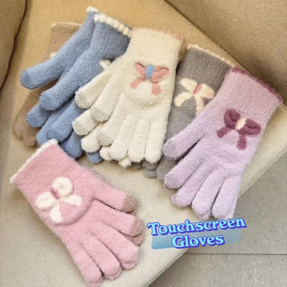 Niedliche, warme Strickhandschuhe, winddicht, mit fünf Fingern, Winterhandschuhe, Kälteschutz, Stretch-Strickhandschuhe, Mädchen und Frauen