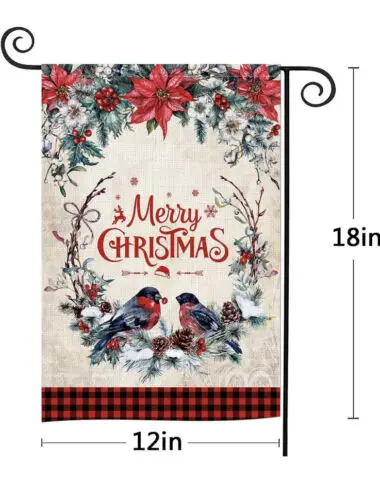 Merry Christmas Garden Flag 12”x18” birds, red buffalo plaid