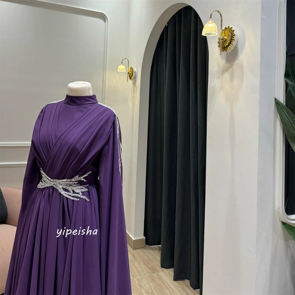 Disesuaikan kualitas tinggi gaya Modern Formal malam kerah tinggi panjang lantai A-line manik-manik Satin Bespoke acara gaun