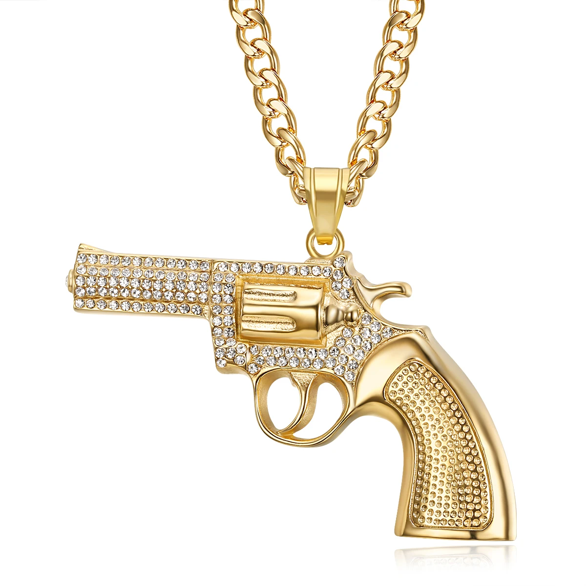 

Men's 18K Gold Plated Six-Shooter Pendant Necklace Ice Zircon Stone Stainless Steel Hip Hop Jewelry for Party Gift