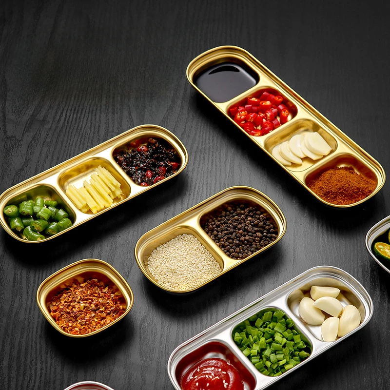 Cuencos de inmersión divididos de acero inoxidable, plato de salsa, bandeja de condimentos para inmersión de condimentos para barbacoa, vinagre, especias, sal, sal, azúcar, sabor