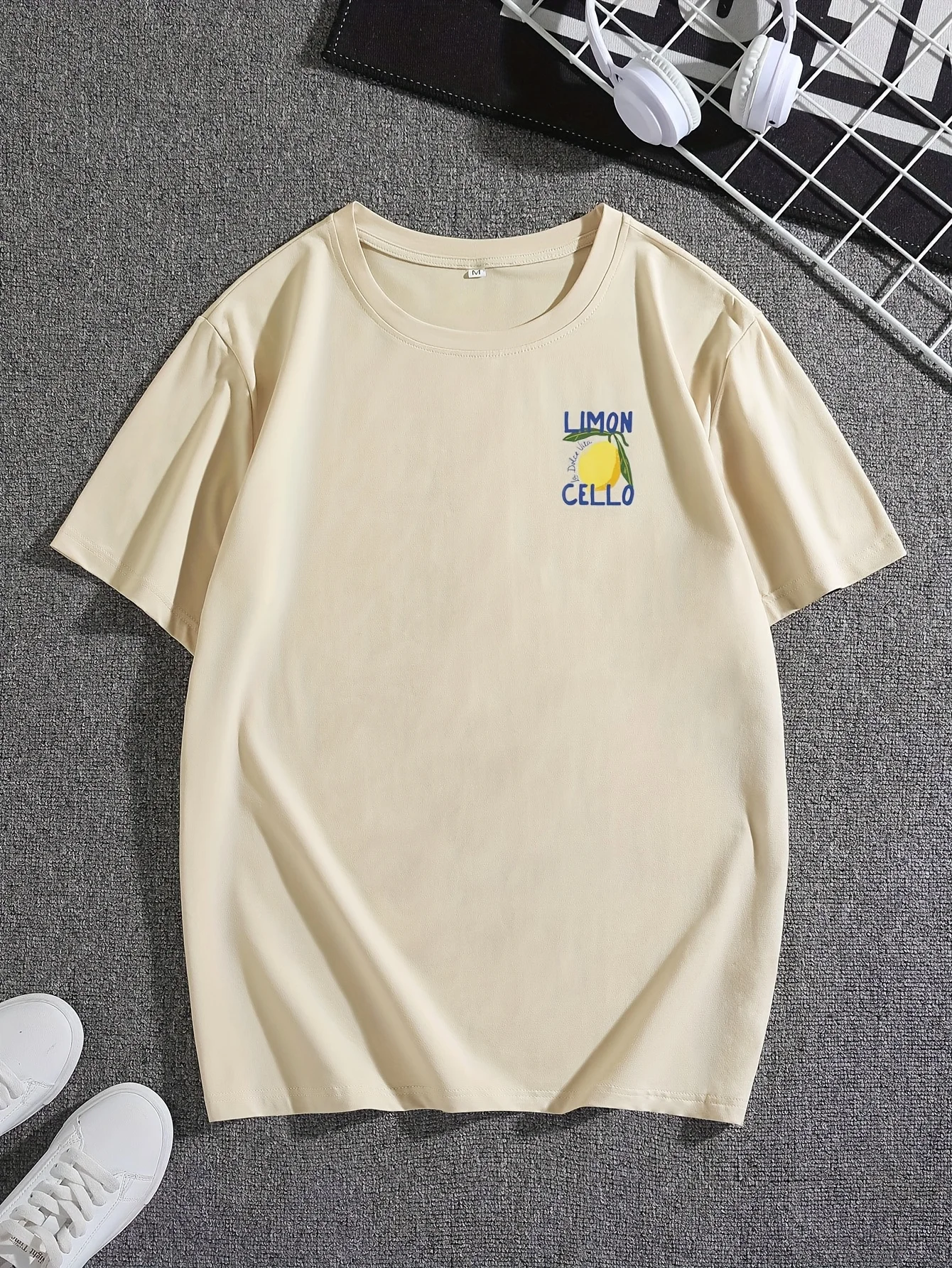Men's 100% pure cotton fashionable casual loose sports LIMON CELLO pattern printed round neck short sleeved T-shirt top