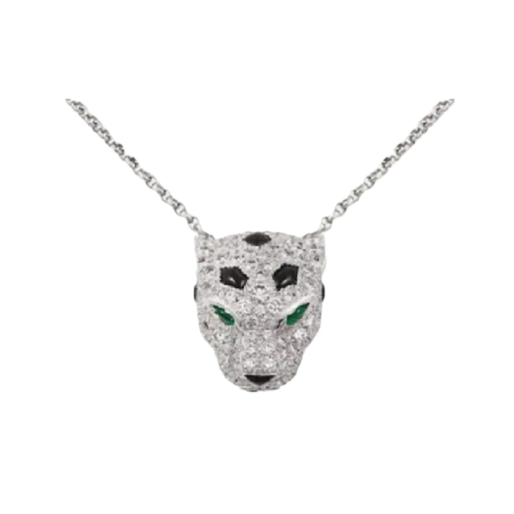 925 Sterling Silver Black Enamel Spots CZ Diamond Panther Leopard Head Pendant Necklaces  Luxury Designer Jewelry for Men Women