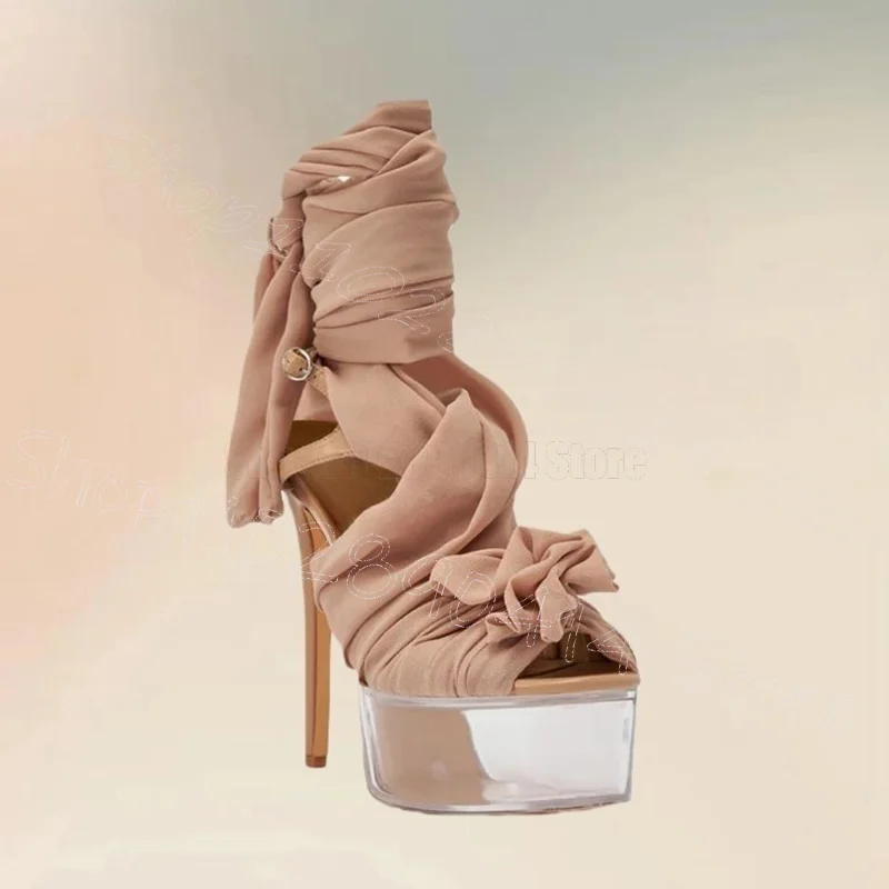 

Beige Mesh Flower Clear Platform Twine Sandals Buckle Strap Women Shoes Thin High Heels Party Banquet 2026 Zapatos Para Mujere