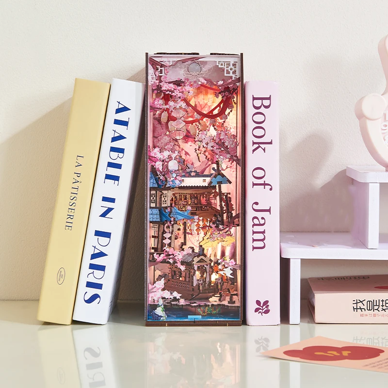 DIY Holz Buchecke Regal Einsatz Kit Frühling Kirschblüte Buchstütze Miniatur Modell Kits Bücherregal für Freunde Geburtstagsgeschenke