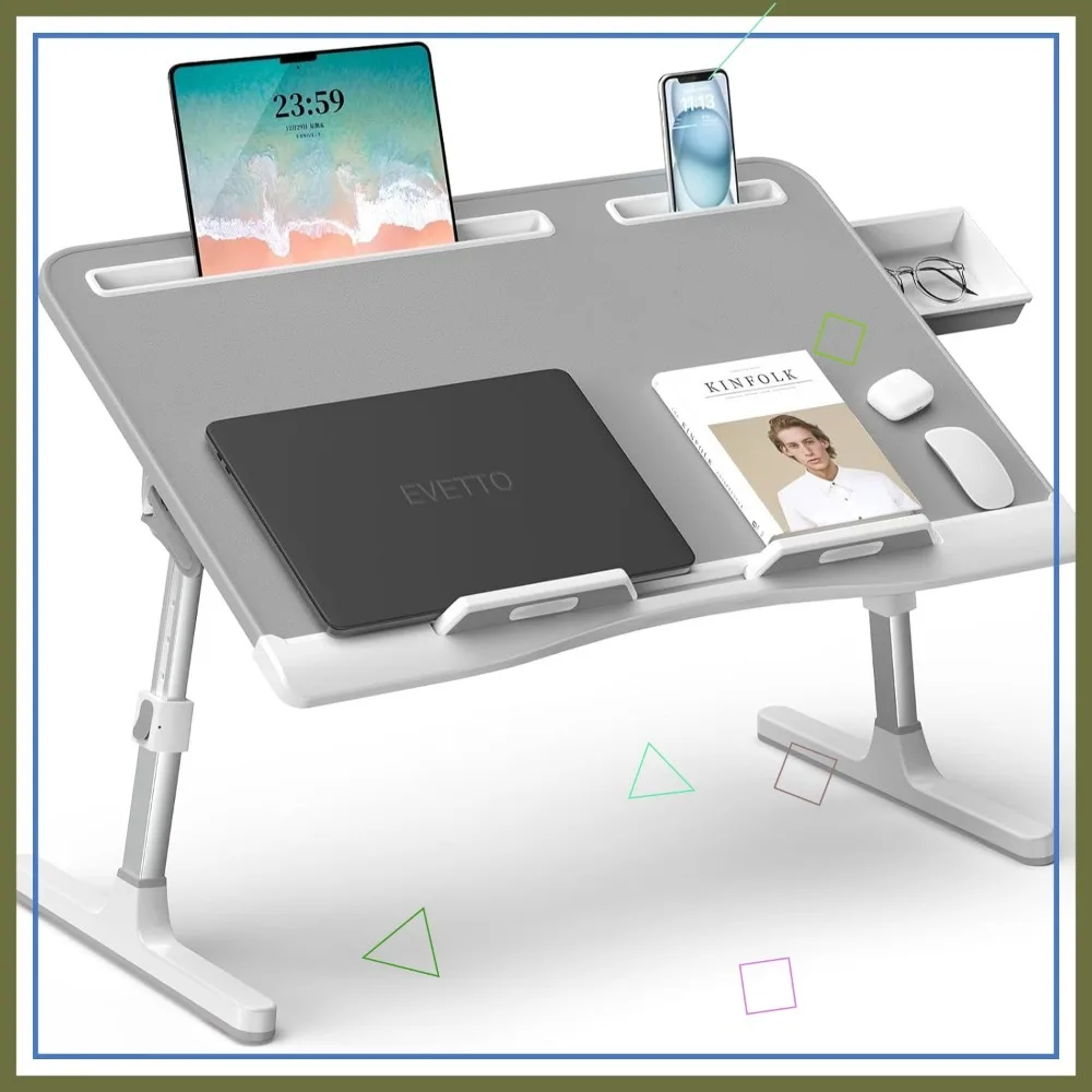 

Large Adjustable Laptop Bed Desk with Drawer, Foldable Lap Table for Sofa Floor Working Writing Eating, Grey