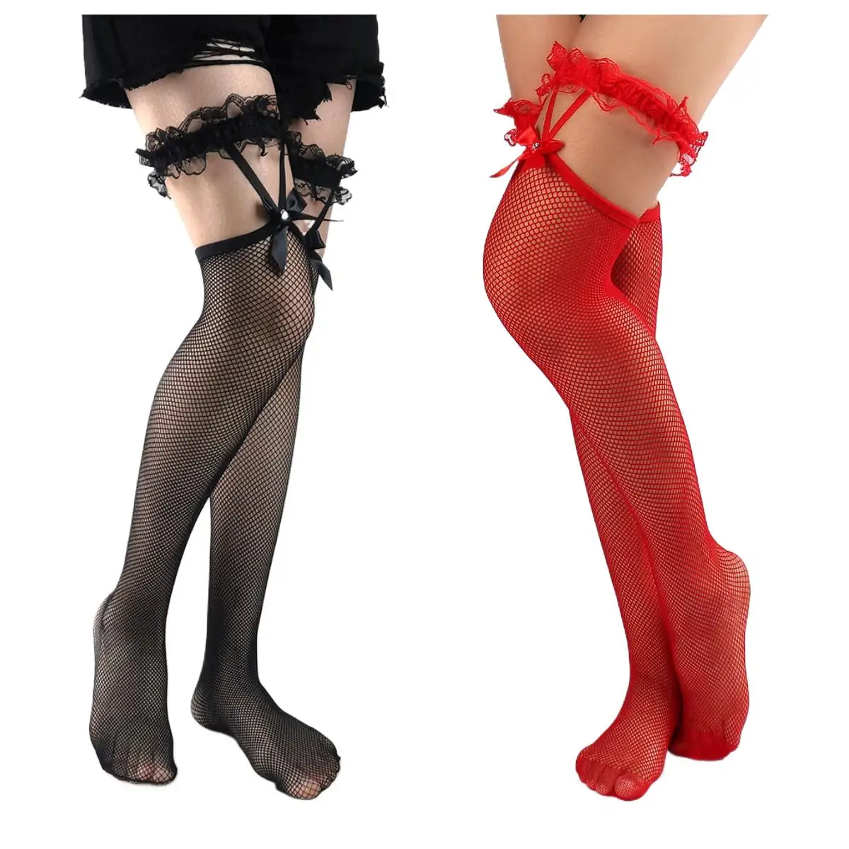 

2pcs women Sexy Mesh Fishnet Thigh High Stockings JK Lolita chic Lace Bowknot Suspender Knee High stocking with thigh bands