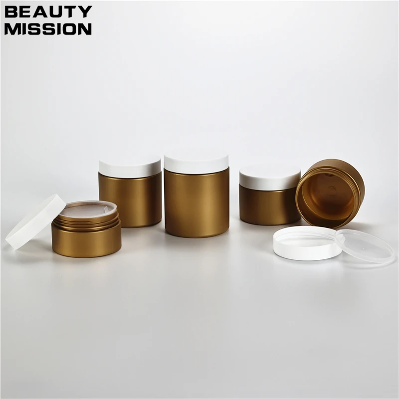 

100g-250g x 20 Empty Cosmetic Frosted Gold Plastic Jars With Frosted White Screw Lid Makeup Facial Cream Pot Suncreen Containers