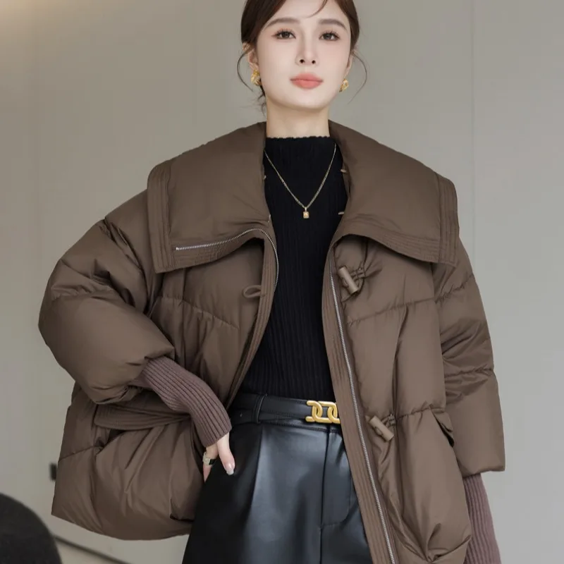 جاكيت شتوي قصير فضفاض للنساء، ملابس خارجية أنيقة مع ياقة فرو قابلة للفصل، مبطن بالقطن والبوليستر مع أكمام وسحاب #1