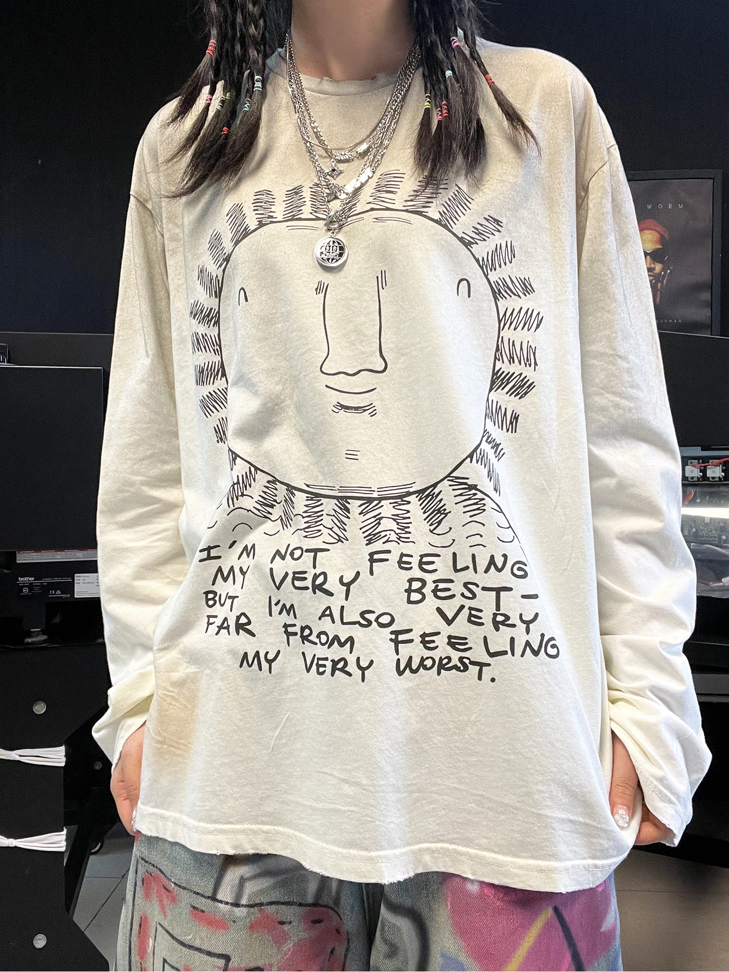 American Retro Dirty Long Sleeve T-Shirt Design Sense Top Wang Has Disease Studio Sun Face Style Cotton Polyester Blend