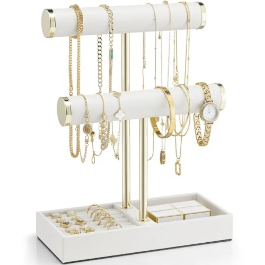 

Bracelet Holder with Tray - Leather Jewelry Stand Organizer for Women - Necklace Holder Display for Necklace, Watches, Rings, E