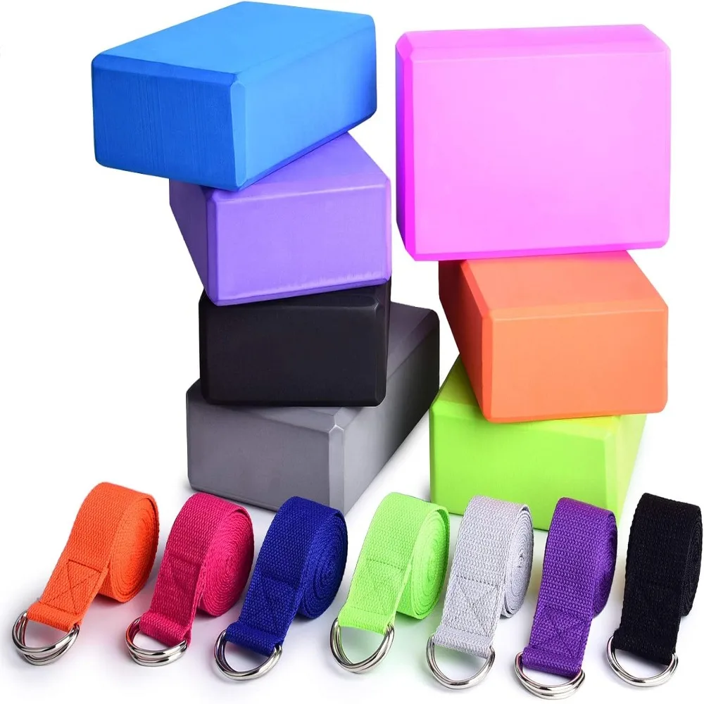 2Pcs Durable EVA Yoga Blocks Set Non Slip Grey Yoga Strap Set 9x6x3 Inches Yoga Block 2 Pack For Rehab Training