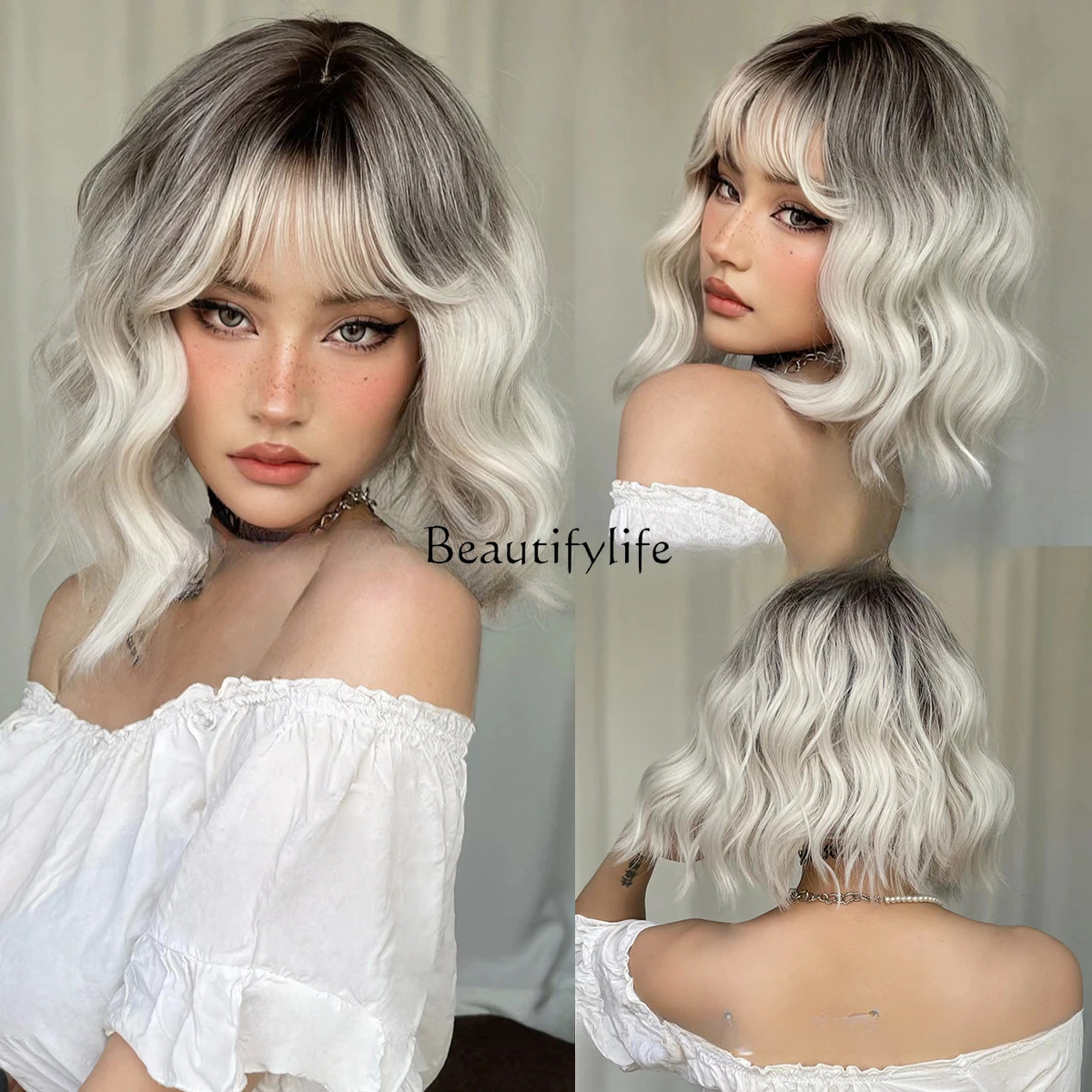 

Wig White Gold Short Curly Hair Rose Mesh High Temperature Silk Full Headgear