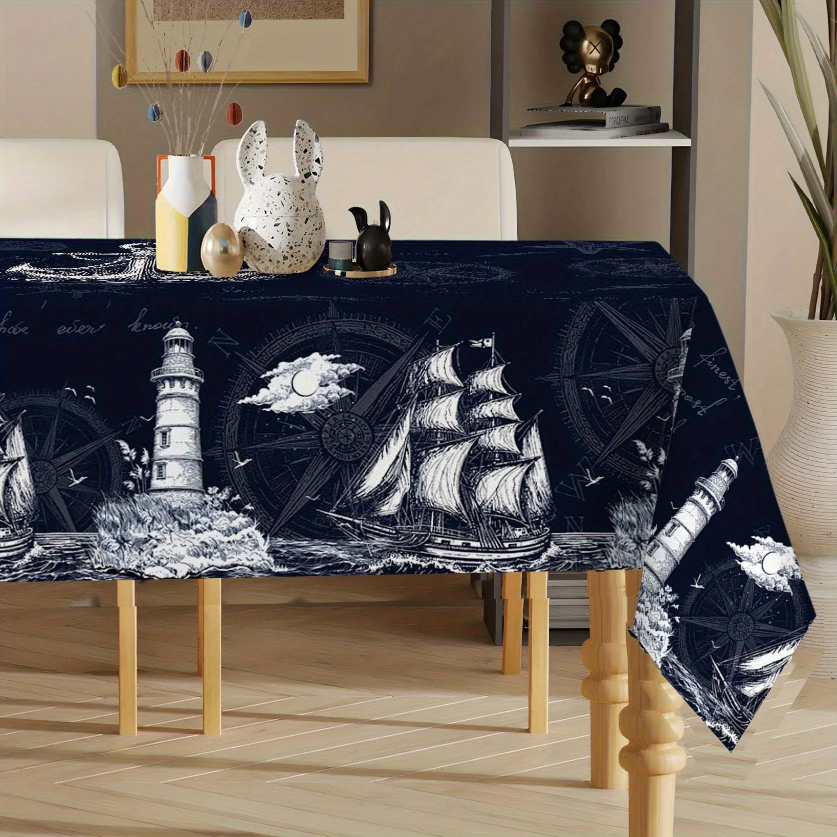 1pc Naval Theme Tablecloth | Deep Blue with Sailboat, Lighthouse, Anchor, and Compass Design - Ideal for Summer Decor, Indoor/Ou