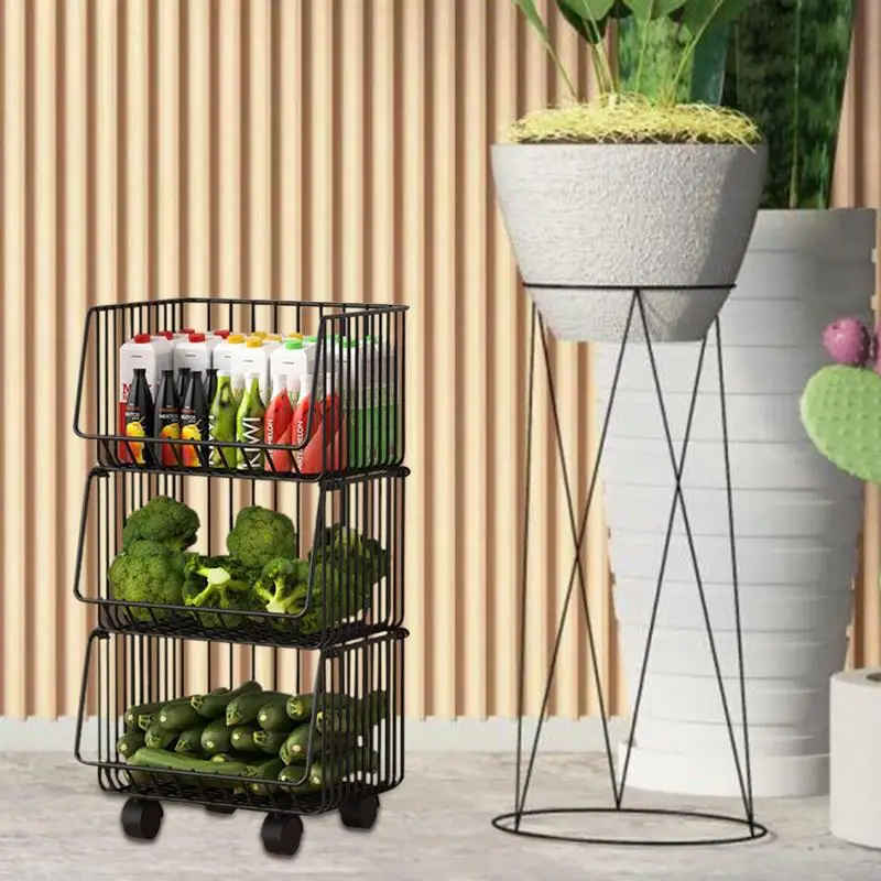 Kitchen Movable Cart Storage Shelf Stackable Rolling Fruit Vegetable Metal Wire Basket Household Trolley Snack Storage Rack