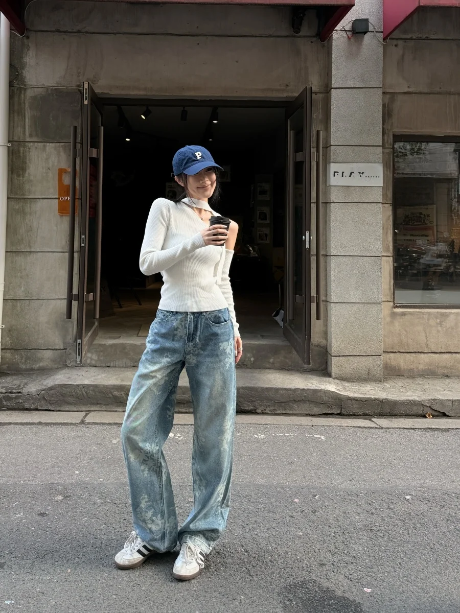 

Tristine Свободный крой Винтажные широкие джинсы с цветочным принтом Прямые джинсовые брюки Street Sle Женские джинсы премиум-класса