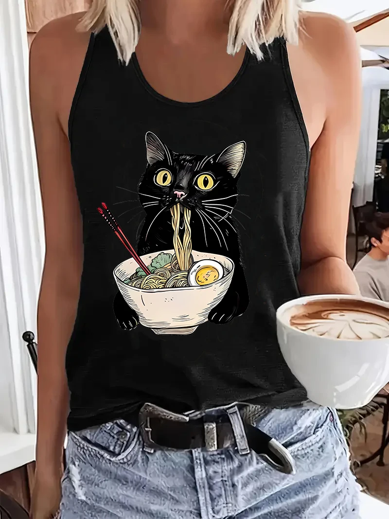 Camiseta divertida con estampado de gato Ramen estilo japonés, camiseta sin mangas con estampado gráfico, camiseta informal sin mangas con cuello redondo para mujer, para verano y primavera