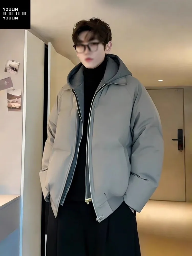 

Caramel American Sle PU Leather down Jaet Men's ort Splicing Cotton Outerwear High-End Feeling Bread Sle Coat