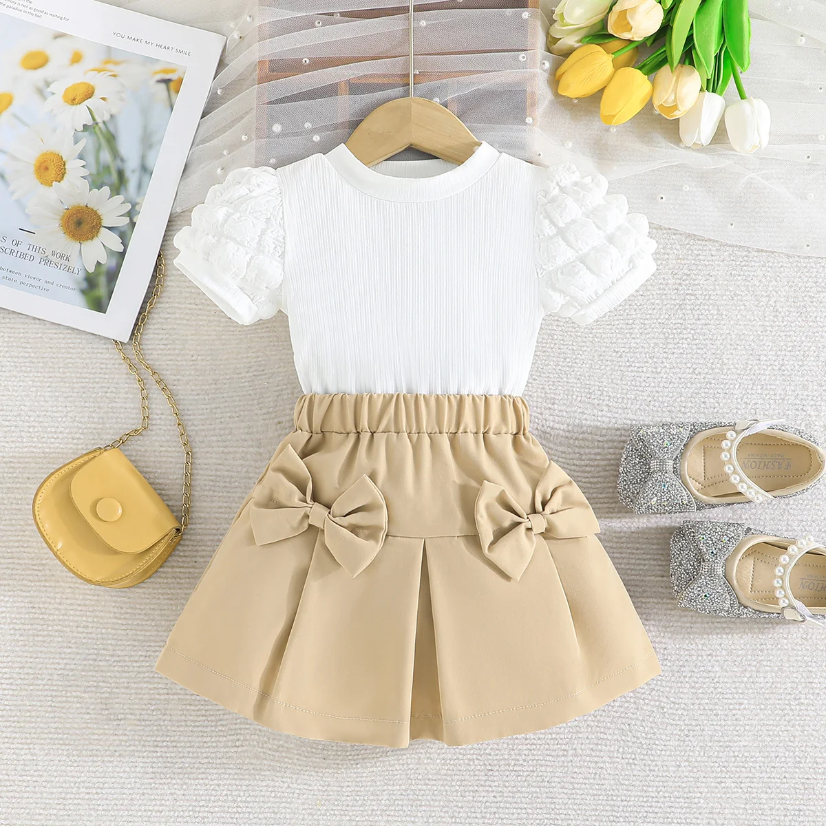 Terno For Kid Girl  Puff Sleeve Blouse and Elastic Skirt Summer Outfit Toddler Infant Clothing Set Kids Wear Ootd For Baby Girl