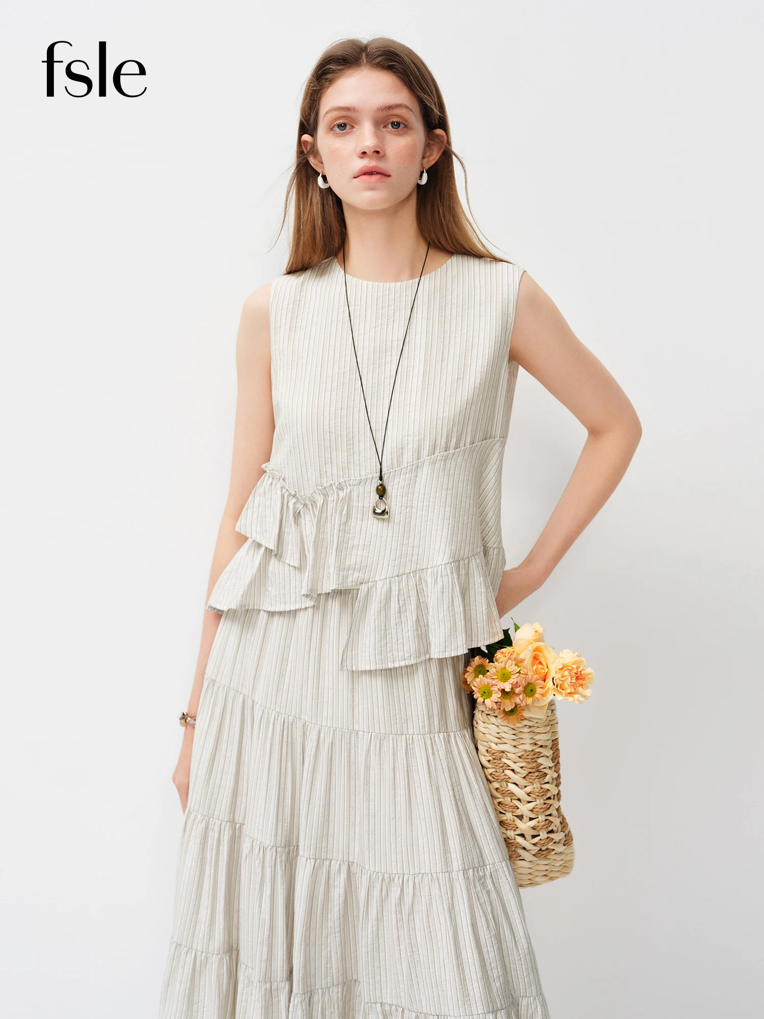 FSLE French-style Irregular Sleeveless Striped Shirt for Women New Spring 2026 Style Ruffled Top Set Midi Skirts Tender Casual