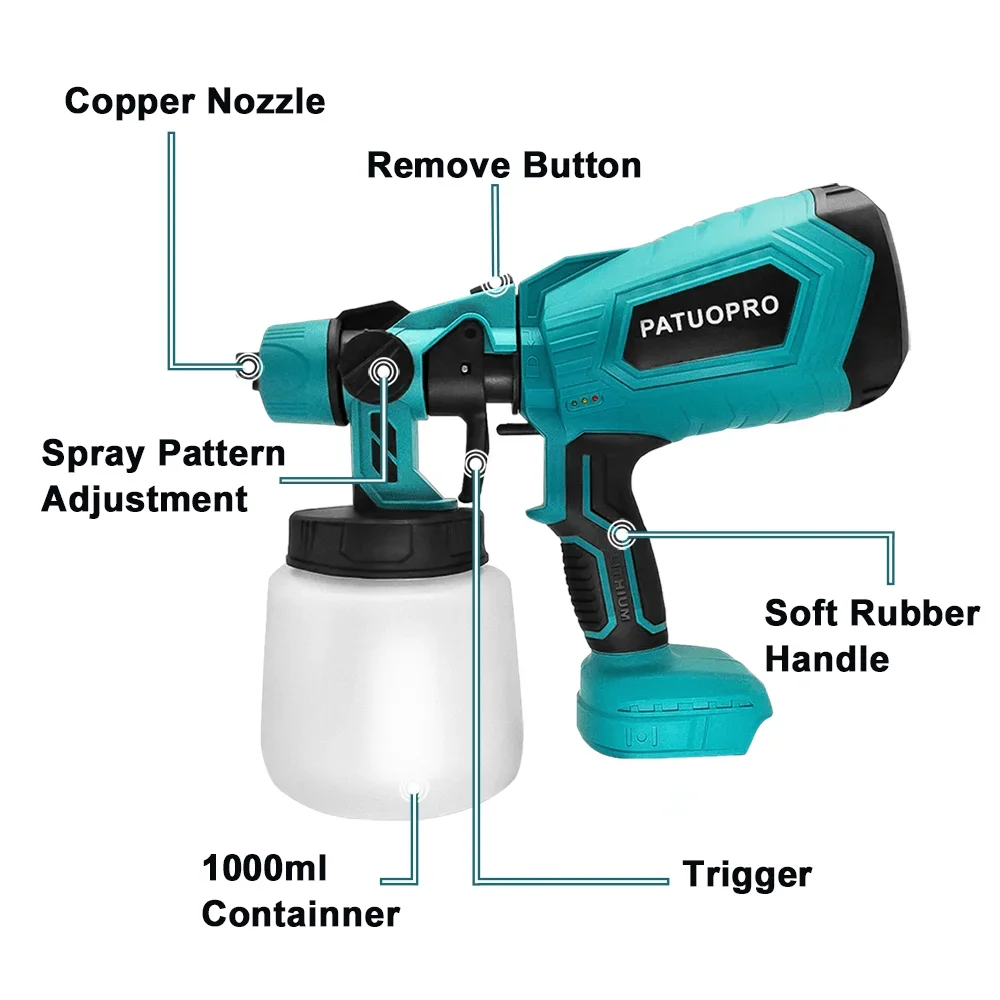 Imagem -04 - Patuopro Pistola Elétrica 1000ml Pulverizador de Tinta sem Fio Auto Móveis Revestimento Aerógrafo para Makita 18v Bateria sem Bateria