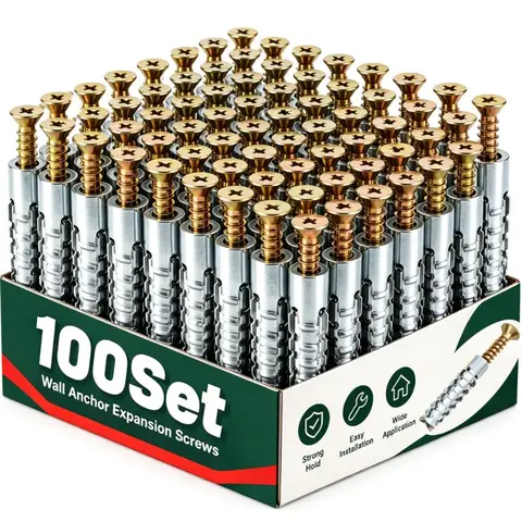 100/10Set Expansion Tube Self Tapping Screw Carbon Steel Drilling Plug Serrated Thorny Wall Anchor Expansion Bolt Home Fasteners