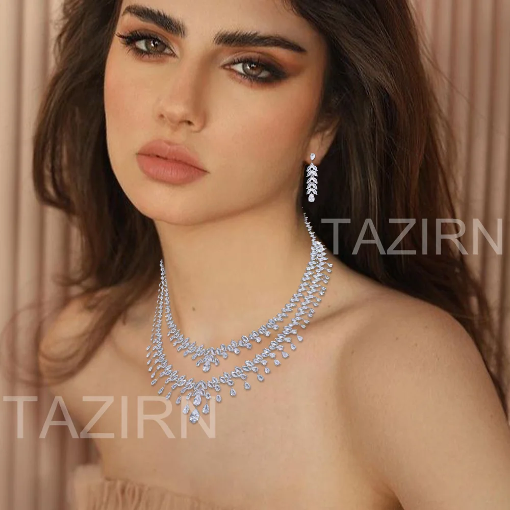 TAZIRN Nigeria Dubai 5A Cubic Zirconia Double Row 2pcs Necklace Earrings Jewelry Sets for Women Wedding Party Luxury Accessories