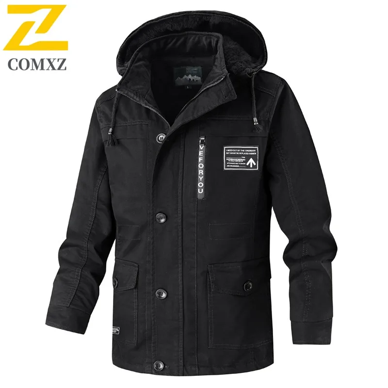 

COMXZ 2024 Mens Plus Size Cotton Fleece Workwear American Style Jacket Long Coat Waterproof And Windproof Multi Pocket