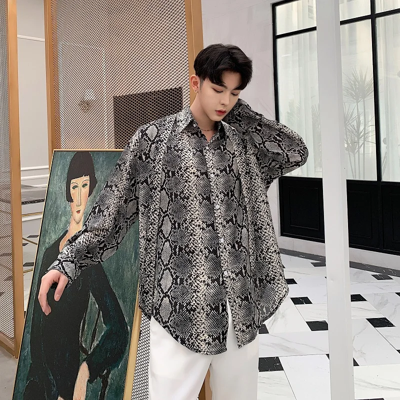 Autumn dark personality temperament snake patterned silk retro temperament casual shirt men's and women's long sleeved shirt