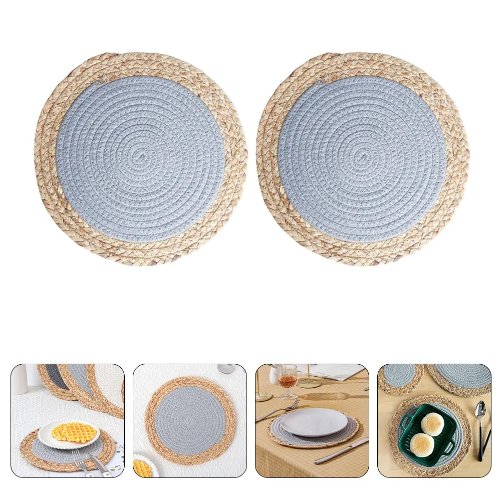 

2 Pcs Insulation Pads Gourd Grass Design Kitchen Placemats Round Elegant Table Woven Straw