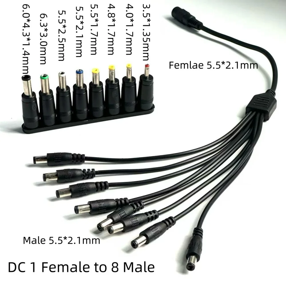 Cabo dc divisor de 1 a 8 com 8 peças de conectores dc diferentes 5.5*2.1mm dc 12v 1 fêmea 8 macho estender cabo de alimentação