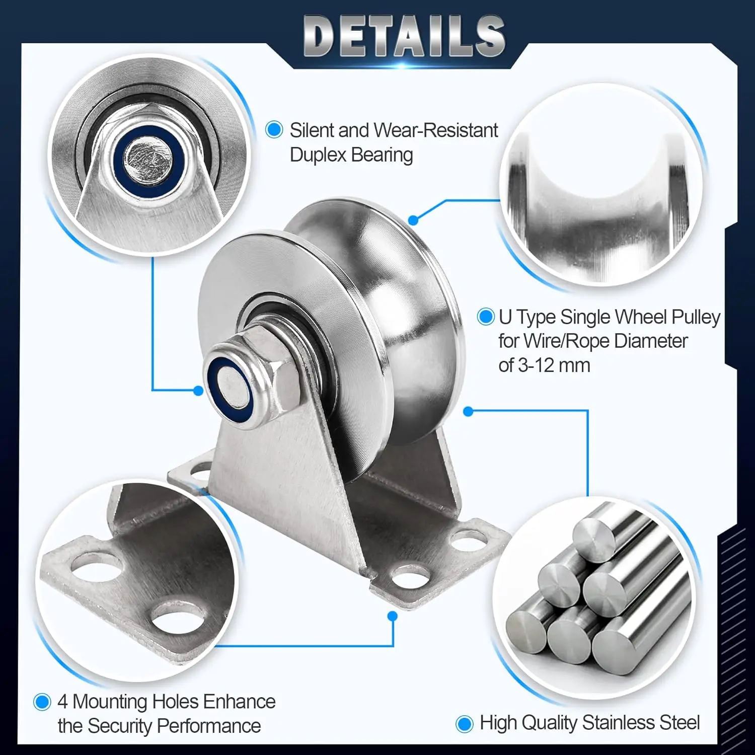 Groove Pulley Wheel for Rope Wall Mounted 1 Pack Stainless Steel Super Silent Cable Pullys Wheels System U Type Blocks Rollers