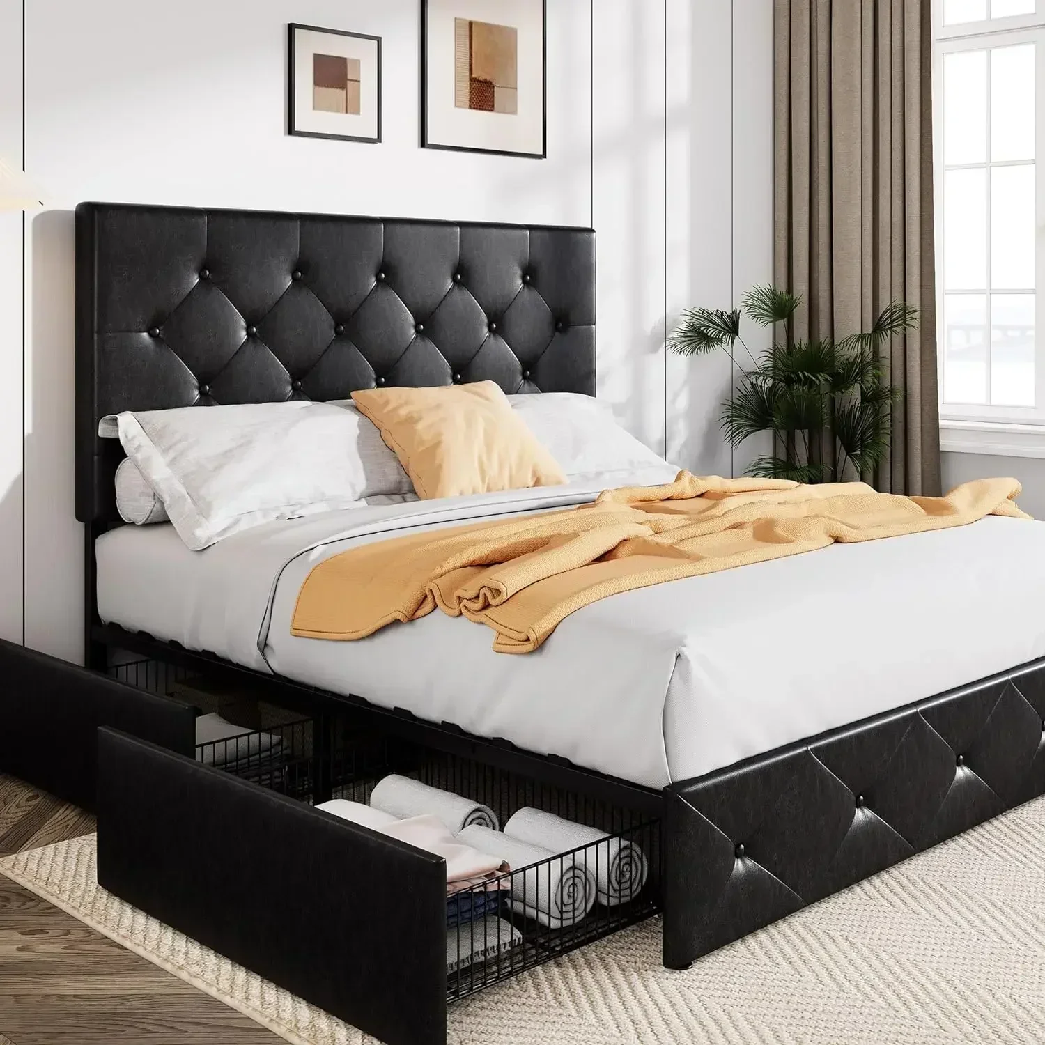 Furniture supplies Allewie Upholstered Queen Size Platform Bed Frame with 4 Storage Drawers and Headboard, Diamond Stitched Butt