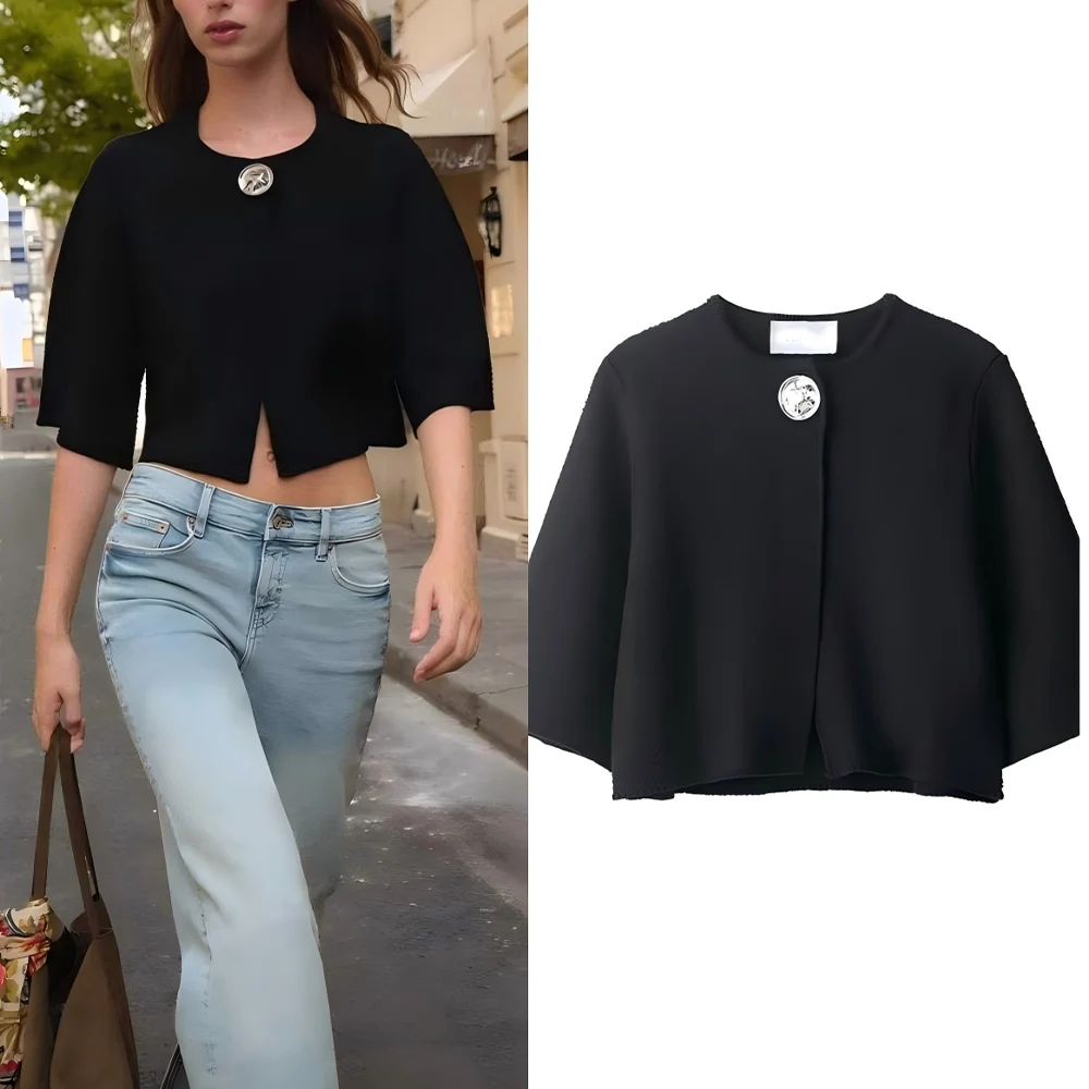 

Women's 2025 new fashion button decoration black O-Neck short knitted Coat retro short sleeved women's Coat chic top