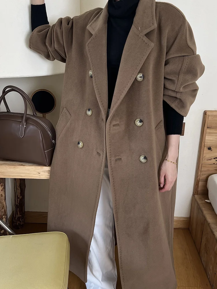 

2023 101801 Heavy Industry Work Hand Sewn Double Sided Cashmere Coat Women's Long Thickened Brown Loose Waist Fleece Coat