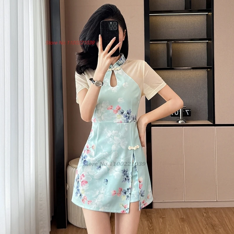 

2025 chinese nightclub masseur dress sexy cheongsam flower print qipao dress+shorts set hotel spa work dress beauty uniform