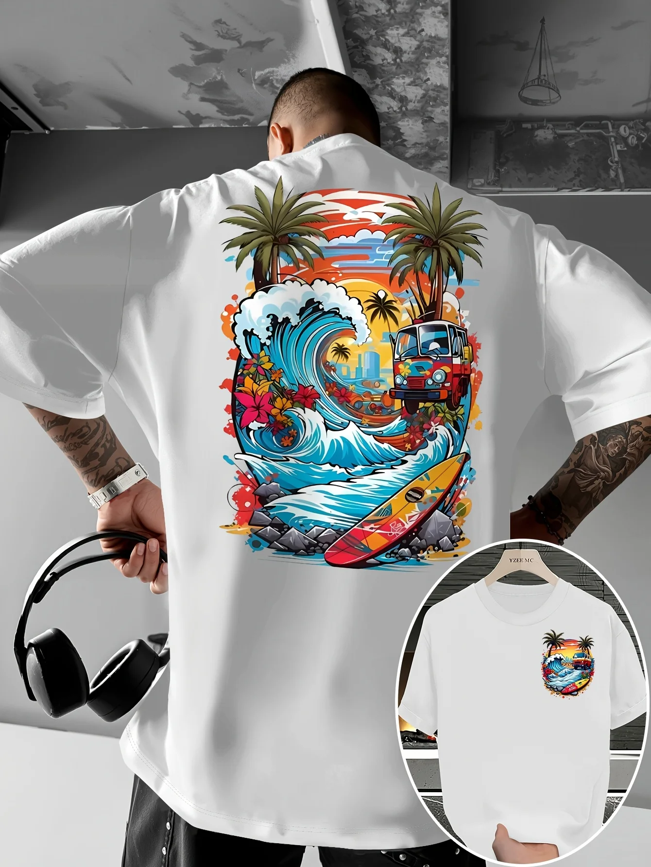 Herren-T-Shirt mit Palmenmuster und buntem Wellenmuster, atmungsaktiv, 100 % reine Baumwolle, Sommermode, lässiges Oberteil – Detail 3