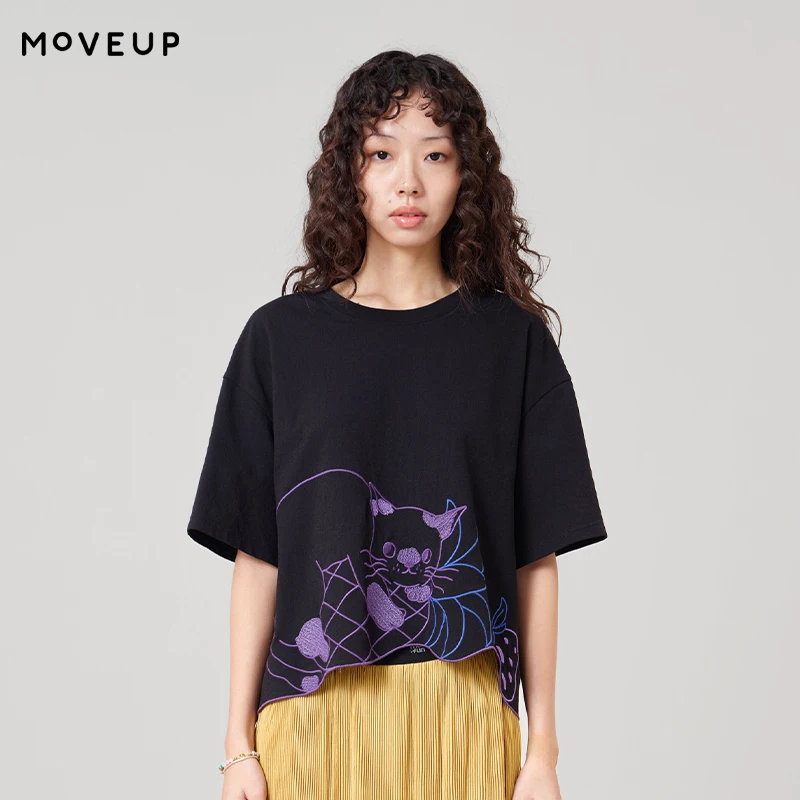 MOVEUP Design Short Sleeved Round Neck T-Shirt For Women Contrasting Cartoon Cat Embroidery Drop Sleeves Loose Top 3ELX10533