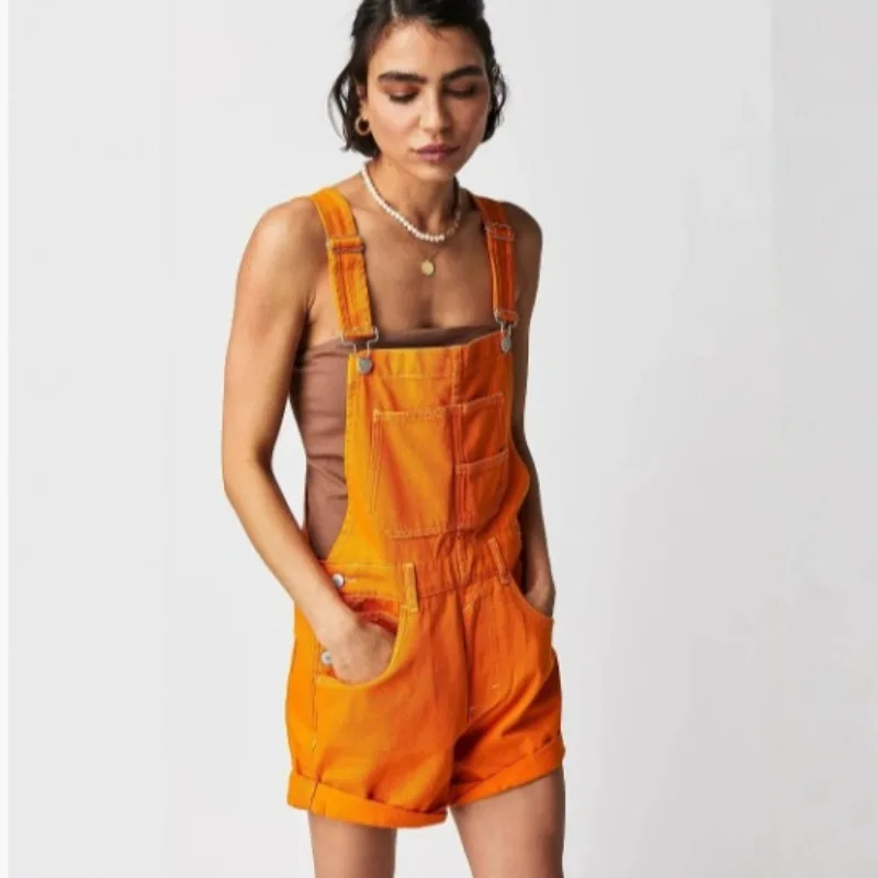 Vêtements pour femmes européennes et américaines, nouvelle mode décontractée, polyvalente, couleur unie, bretelles personnalisées, salopette en Denim ample, short